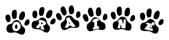 The image shows a row of animal paw prints, each containing a letter. The letters spell out the word Oraine within the paw prints.