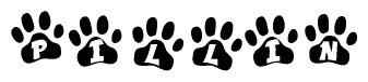 The image shows a series of animal paw prints arranged horizontally. Within each paw print, there's a letter; together they spell Pillin