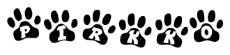 The image shows a series of animal paw prints arranged horizontally. Within each paw print, there's a letter; together they spell Pirkko