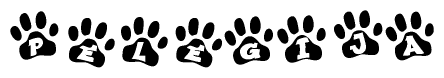 The image shows a row of animal paw prints, each containing a letter. The letters spell out the word Pelegija within the paw prints.