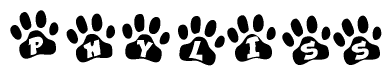 The image shows a series of animal paw prints arranged in a horizontal line. Each paw print contains a letter, and together they spell out the word Phyliss.
