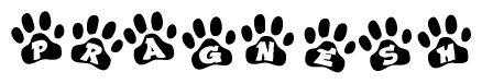 The image shows a row of animal paw prints, each containing a letter. The letters spell out the word Pragnesh within the paw prints.