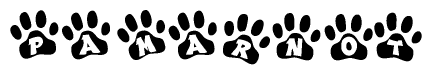 The image shows a series of animal paw prints arranged in a horizontal line. Each paw print contains a letter, and together they spell out the word Pamarnot.