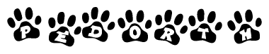 The image shows a row of animal paw prints, each containing a letter. The letters spell out the word Pedorth within the paw prints.