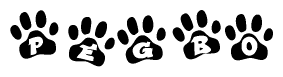 The image shows a row of animal paw prints, each containing a letter. The letters spell out the word Pegbo within the paw prints.