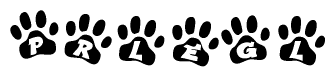 The image shows a row of animal paw prints, each containing a letter. The letters spell out the word Prlegl within the paw prints.