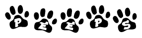 The image shows a row of animal paw prints, each containing a letter. The letters spell out the word Peeps within the paw prints.