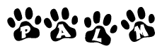 The image shows a series of animal paw prints arranged in a horizontal line. Each paw print contains a letter, and together they spell out the word Palm.