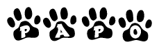 The image shows a series of animal paw prints arranged horizontally. Within each paw print, there's a letter; together they spell Papo