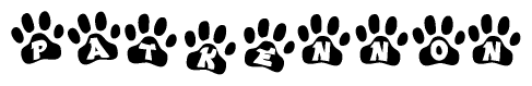 The image shows a series of animal paw prints arranged in a horizontal line. Each paw print contains a letter, and together they spell out the word Patkennon.