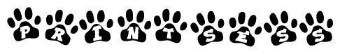 The image shows a row of animal paw prints, each containing a letter. The letters spell out the word Printsess within the paw prints.