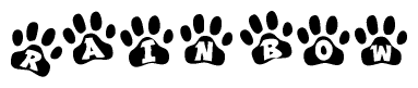 The image shows a series of animal paw prints arranged horizontally. Within each paw print, there's a letter; together they spell Rainbow