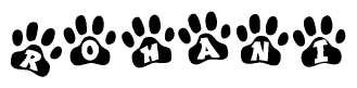The image shows a series of animal paw prints arranged horizontally. Within each paw print, there's a letter; together they spell Rohani