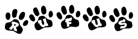 The image shows a series of animal paw prints arranged in a horizontal line. Each paw print contains a letter, and together they spell out the word Rufus.