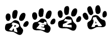 The image shows a row of animal paw prints, each containing a letter. The letters spell out the word Reza within the paw prints.