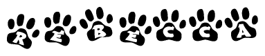 The image shows a row of animal paw prints, each containing a letter. The letters spell out the word Rebecca within the paw prints.