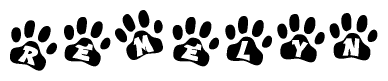 The image shows a series of animal paw prints arranged in a horizontal line. Each paw print contains a letter, and together they spell out the word Remelyn.