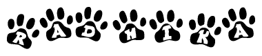 The image shows a series of animal paw prints arranged horizontally. Within each paw print, there's a letter; together they spell Radhika