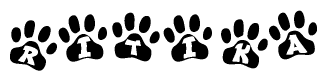 The image shows a series of animal paw prints arranged horizontally. Within each paw print, there's a letter; together they spell Ritika