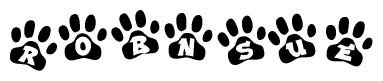 The image shows a series of animal paw prints arranged in a horizontal line. Each paw print contains a letter, and together they spell out the word Robnsue.