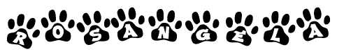 The image shows a series of animal paw prints arranged in a horizontal line. Each paw print contains a letter, and together they spell out the word Rosangela.