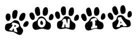 The image shows a series of animal paw prints arranged horizontally. Within each paw print, there's a letter; together they spell Ronia