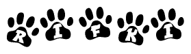 The image shows a row of animal paw prints, each containing a letter. The letters spell out the word Rifki within the paw prints.
