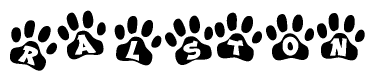 The image shows a series of animal paw prints arranged in a horizontal line. Each paw print contains a letter, and together they spell out the word Ralston.