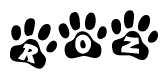 The image shows a series of animal paw prints arranged in a horizontal line. Each paw print contains a letter, and together they spell out the word Roz.