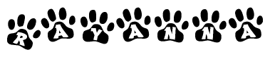 The image shows a row of animal paw prints, each containing a letter. The letters spell out the word Rayanna within the paw prints.