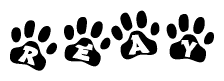 The image shows a row of animal paw prints, each containing a letter. The letters spell out the word Reay within the paw prints.