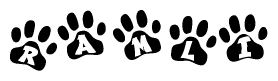 The image shows a row of animal paw prints, each containing a letter. The letters spell out the word Ramli within the paw prints.