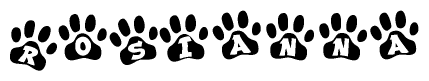 The image shows a row of animal paw prints, each containing a letter. The letters spell out the word Rosianna within the paw prints.