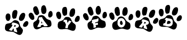The image shows a series of animal paw prints arranged horizontally. Within each paw print, there's a letter; together they spell Rayford