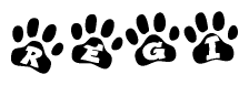 The image shows a row of animal paw prints, each containing a letter. The letters spell out the word Regi within the paw prints.