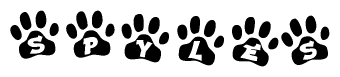 The image shows a series of animal paw prints arranged in a horizontal line. Each paw print contains a letter, and together they spell out the word Spyles.