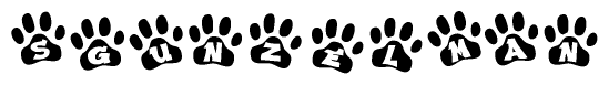 The image shows a series of animal paw prints arranged in a horizontal line. Each paw print contains a letter, and together they spell out the word Sgunzelman.