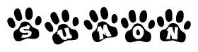 The image shows a series of animal paw prints arranged horizontally. Within each paw print, there's a letter; together they spell Sumon