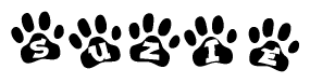 The image shows a series of animal paw prints arranged horizontally. Within each paw print, there's a letter; together they spell Suzie