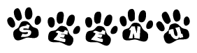 The image shows a row of animal paw prints, each containing a letter. The letters spell out the word Seenu within the paw prints.