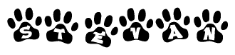The image shows a series of animal paw prints arranged in a horizontal line. Each paw print contains a letter, and together they spell out the word Stevan.