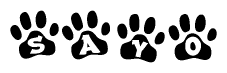 The image shows a row of animal paw prints, each containing a letter. The letters spell out the word Sayo within the paw prints.