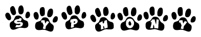 The image shows a series of animal paw prints arranged in a horizontal line. Each paw print contains a letter, and together they spell out the word Syphony.