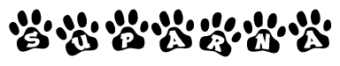 The image shows a row of animal paw prints, each containing a letter. The letters spell out the word Suparna within the paw prints.