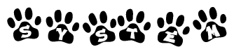 The image shows a series of animal paw prints arranged in a horizontal line. Each paw print contains a letter, and together they spell out the word System.