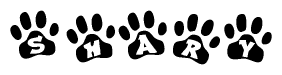 The image shows a series of animal paw prints arranged horizontally. Within each paw print, there's a letter; together they spell Shary