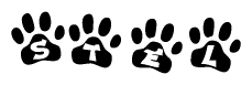 The image shows a row of animal paw prints, each containing a letter. The letters spell out the word Stel within the paw prints.