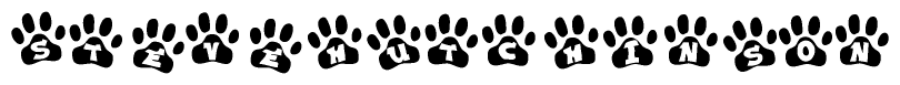 The image shows a series of animal paw prints arranged in a horizontal line. Each paw print contains a letter, and together they spell out the word Stevehutchinson.