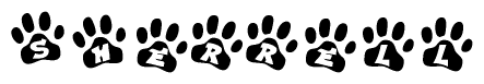 The image shows a series of animal paw prints arranged in a horizontal line. Each paw print contains a letter, and together they spell out the word Sherrell.