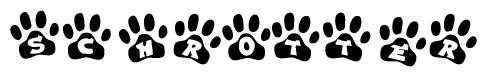 The image shows a series of animal paw prints arranged in a horizontal line. Each paw print contains a letter, and together they spell out the word Schrotter.